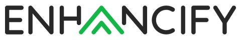 Enhancify logo with black sans serif typeface and two green points resembling the "a"
